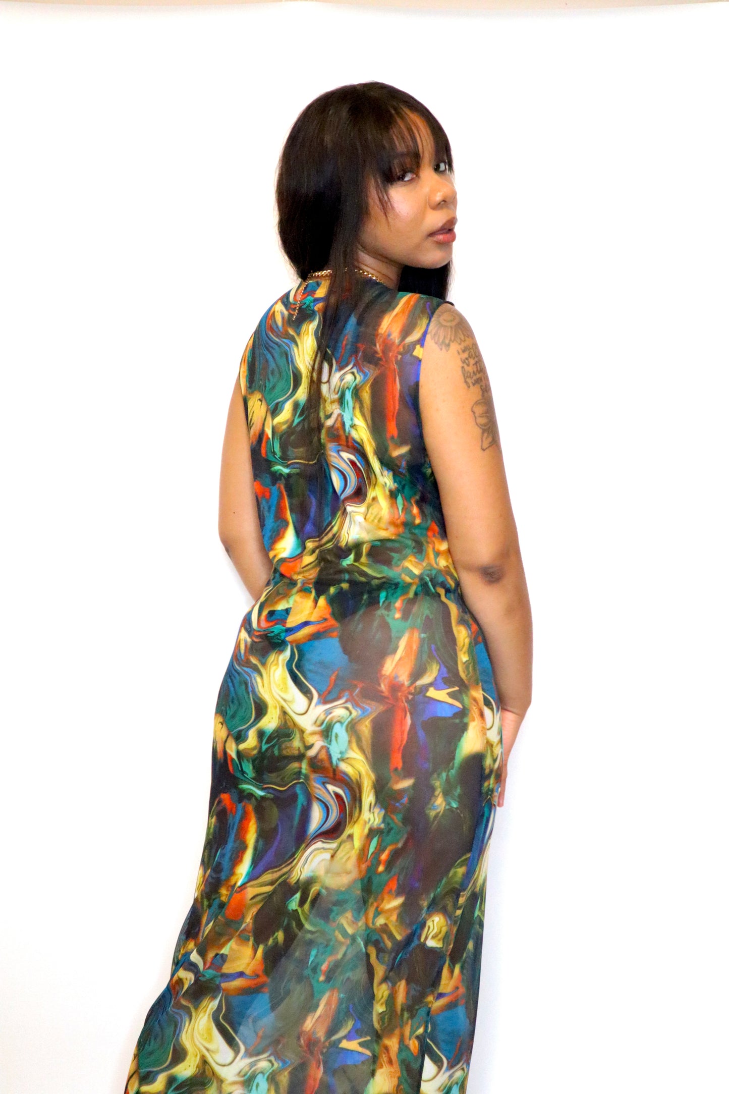 Abstract Print Mesh Maxi Dress (1 of 1)