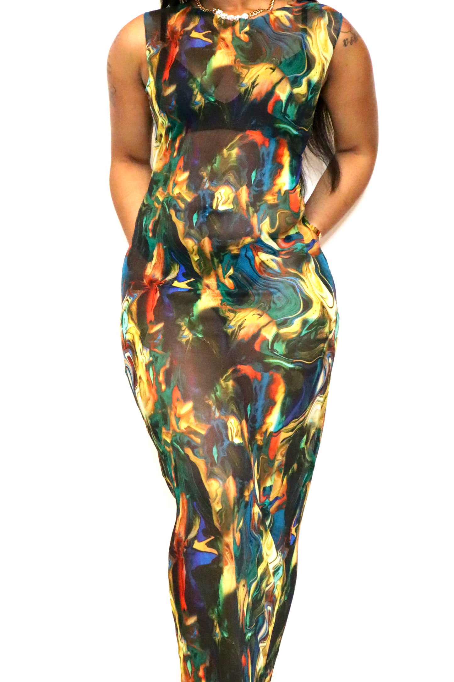 Abstract Print Mesh Maxi Dress (1 of 1)